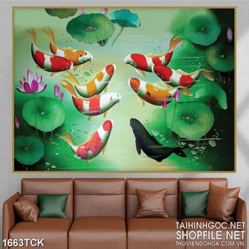 Tranh sơn dầu cá koi bên lá sen xanh ngắt in dán tường