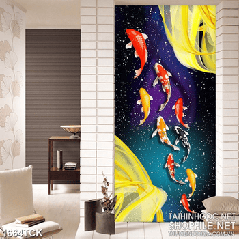 Tranh decor đàn cá koi trong dòng nước dáp vàng