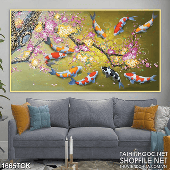 Tranh trang trí cành mai đào trên mặt hồ cá koi sơn dầu