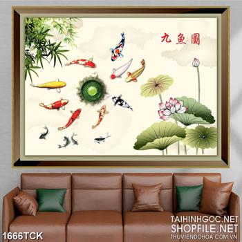 Tranh đàn cá koi dưới bóng tre xanh in uv treo tường