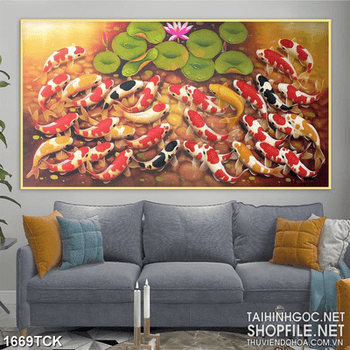 Tranh sơn dầu hồ hoa sen đầy cá koi đang bơi lội in 3d