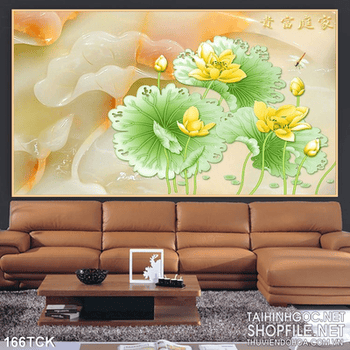 Tranh hoa sen, cá chép giả ngọc cẩm thạch