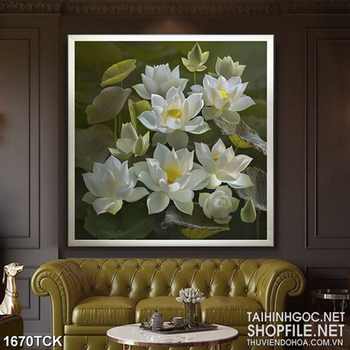 Tranh psd những bông sen trắng sơn dầu trong đêm