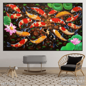 Tranh in treo tường hồ hoa sen và đàn cá koi sơn dầu