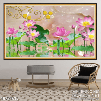 Tranh hoa sen hồng trong hồ giả ngọc in dán tường
