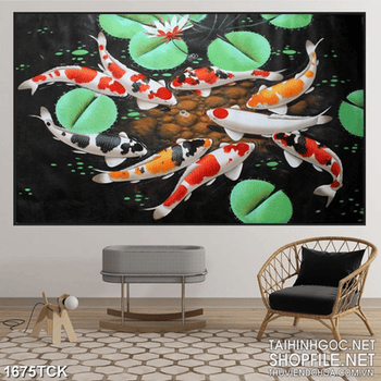 Tranh sơn dầu cá koi bên hồ sen đầy lá xanh in uv