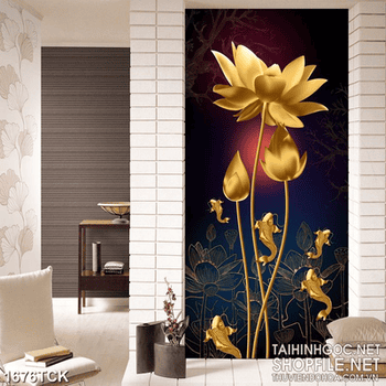 Tranh nghệ thuật cá chép vàng bên bông sen dáp vàng