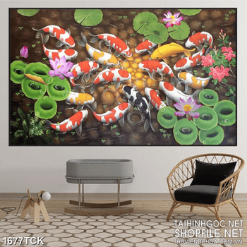 Tranh đàn cá koi tung tăng trong hồ đá cuội in canvas