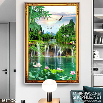 Tranh hoa sen, cá chép và thiên nga