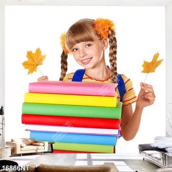 Tranh cô bé đứng bên chồng sách