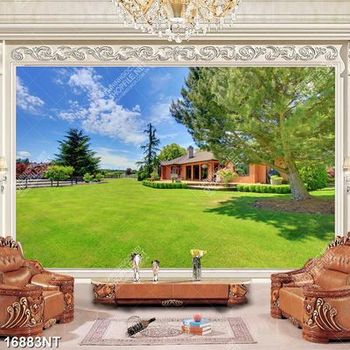 Tranh ngôi nhà có khoảng sân cỏ xanh ngắt