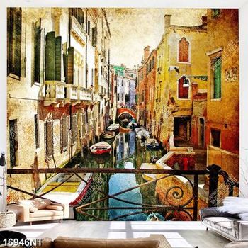 Tranh dòng sông nhỏ chảy qua thành phố