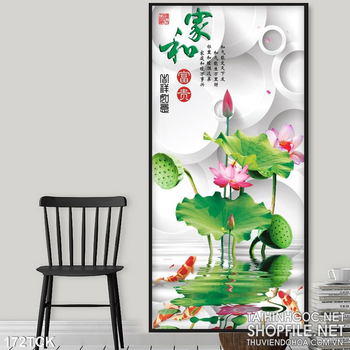 Tranh hoa sen, cá chép thư pháp phong thủy