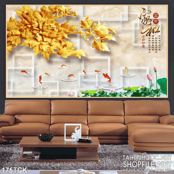 Tranh hoa sen, cá chép và hoa cúc