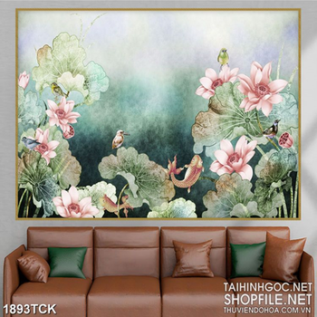 Tranh in uv đàn cá chép vàng sơn dầu bên hồ sen đầy hoa