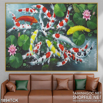 Tranh sơn dầu cá koi trong hồ sen xanh biếc lá in canvas