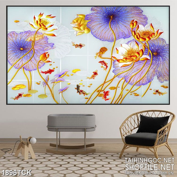 Tranh psd những bông hoa sen sơn dầu bên lá tím