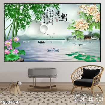 Tranh đóa mẫu đơn trên mặt hồ thiên nga in dán tường