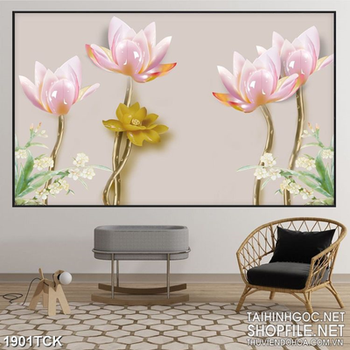 Tranh in uv sơn dầu bông hoa sen trên nền giả ngọc