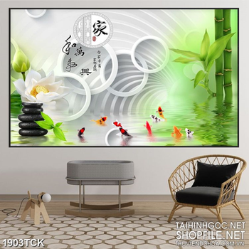 Tranh in 3d đàn cá chép ngoi trên mặt hồ sen trắng