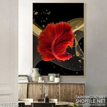 Tranh decor sơn dầu cá sim betta đỏ trong làn nước về đêm