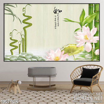 Tranh trang trí bông sen trắng trên mặt hồ trong xanh