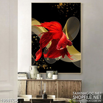 Tranh chú cá  sim betta đỏ trong làn nước vàng in dán tường