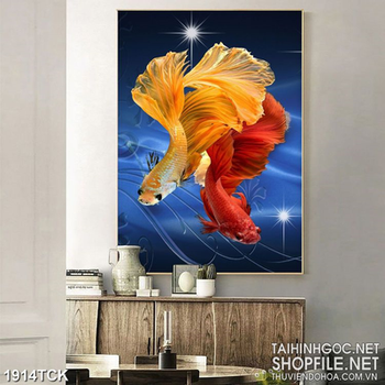 Tranh decor sơn dầu cá sim betta vàng trên nền xanh về đêm