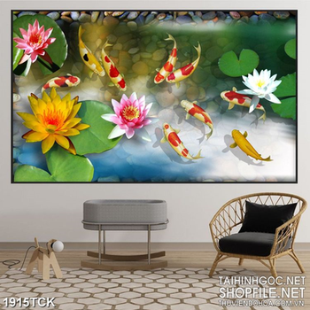 Tranh những bông hoa súng bên đàn cá koi trang trí