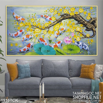 Tranh in dán tường đàn cá koi sơn dầu bên cành mai vàng