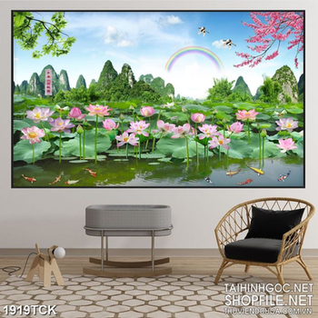 Tranh in 3d những bông sen hồng nở rộ trên mặt hồ