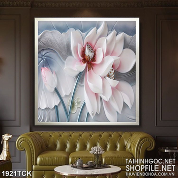 Tranh in uv bông hoa sen trắng trong hồ giả ngọc