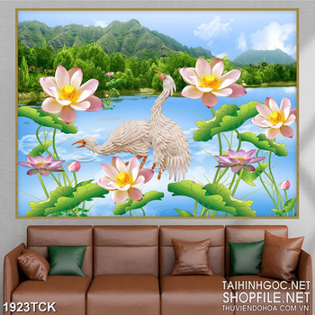 Tranh đôi hạc trắng bên những bông sen hồng trang trí