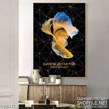 Tranh sơn dầu cá  sim betta vàng vẩy đuôi xinh đẹp in dán tường