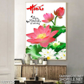 Tranh in 3d những bông sen trong hồ bên chữ hiếu