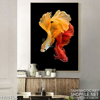 Tranh đôi cá sim betta vàng khi màn đêm xuống decor