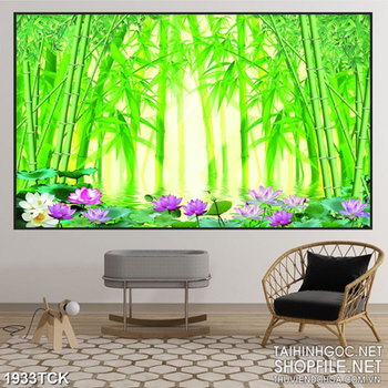 Tranh sơn dầu hoa sen tím trong rừng trúc xanh in uv