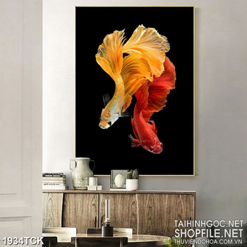 Tranh in canvas đôi cá  sim betta khoe sắc trong màn đêm