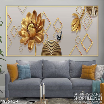 Tranh sơn dầu hoa sen vàng bên chú chim đen nhỏ in 3d