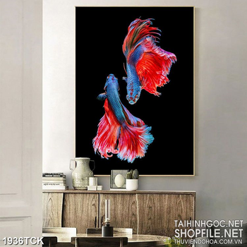 Tranh psd đôi cá sim betta đuôi đỏ trong hồ nước về đêm