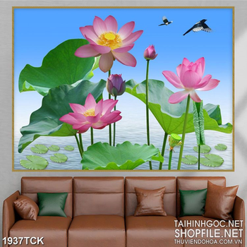 Tranh những bông sen trên mặt hồ nước in treo tường