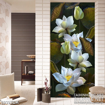 Tranh sơn dầu hoa sen trắng bên những chiếc lá úa trang trí