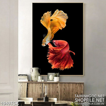 Tranh cá sim betta vẩy đuôi xinh đẹp dưới hồ in dán tường