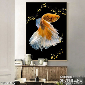 Tranh psd cá sim betta vàng với chiếc đuôi trắng mướt