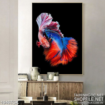 Tranh đôi cá sim betta sặc sỡ trong màn nước đêm decor