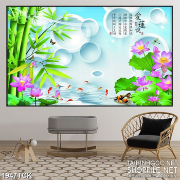 Tranh sơn dầu những bông sen tím trên hồ cá chép