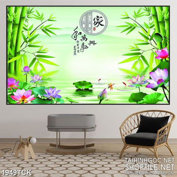 Tranh sơn dầu những bông tím trên mặt hồ nước xanh