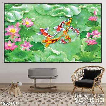 Tranh sơn dầu cá koi trong hồ sen giả thanh ngọc psd