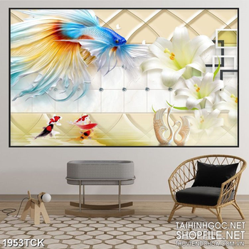 Tranh sơn dầu cá  sim betta bên bông ly trắng in treo tường
