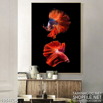 Tranh decor đôi cá  sim betta vàng dưới hồ trong màn đêm